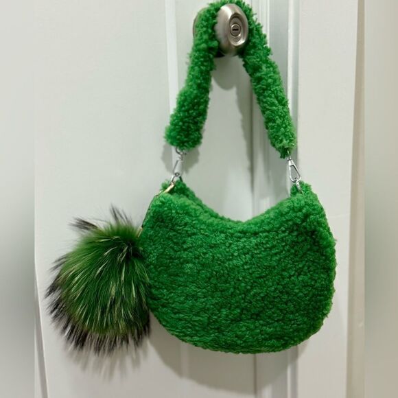 Handmade Genuine Shearling Shoulder Bag/Crossbody & Fox Fur Ball Bag Charm - Picture 1 of 15